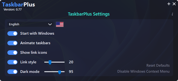 TaskbarPlus Settings screenshot showing toggles and options